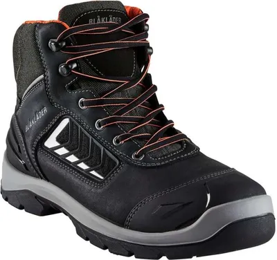 A black work boot with orange accents and laces, shown from a three-quarter angle against a white background.