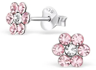 Produktbild von Kinderohrstecker Glitzer: Mädchen Ohrringe Silber „Kristall Blume" rosa & kristallklar