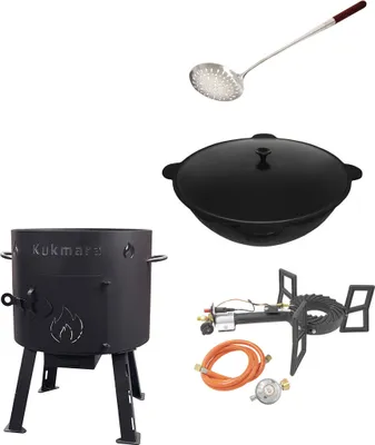 Produktbild von SET Gas-Kocher mit Utschak + Kazan Kasan Usbekisch Gusseisen Alu-Deckel Ø44,5cm 16 L + Schaumlöffel