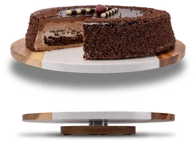 Produktbild von Fino Casa drehbare Marmorplatte mit Akazienholz rund Tortenplatte Küchen Organizer Käseplatte Die Marmor Platte Servierplatte mit Fuss Servierteller