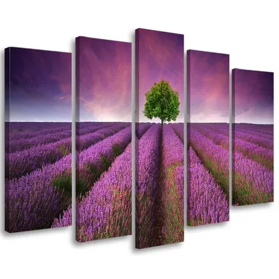 Produktbild von 5-teiliges leinwandbild lila blumen wiese 100x70 cm Feeby lila wandbild bereit zum aufhängen