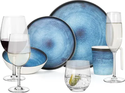 Produktbild von Melamin Camping Geschirr Set 4 Personen Deep Ocean + 16 Tiamo Gläser Wassergläser Weingläser Champagner-Gläser Flûtes Tafelgeschirr Picknick BBQ Kochgeschirr