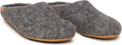 A pair of grey felt slippers with brown soles are shown on a white background.