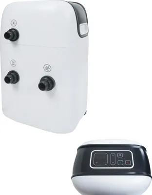 A white whirlpool pump and a black and white control panel are shown against a white background.