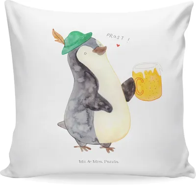 Produktbild von Mr. & Mrs. Panda Deko Kissen Pinguin Bier - Weiß - Geschenk, bedruckt, , kuschelkissen 40x40, Pinguine, Feierabend, Beschwippst, Dekokissen, Polster