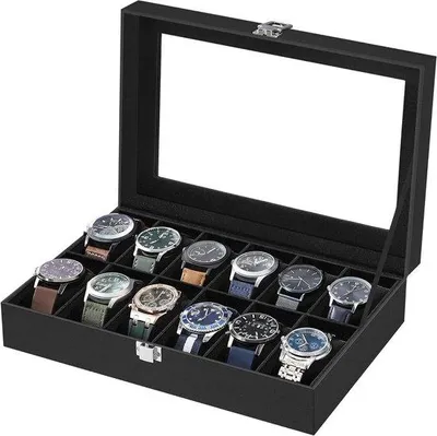 Produktbild von Famanu Uhrenbox mit 12 Fächern - Uhrenkasten mit Glasdeckel - Uhrenkasten mit herausnehmbaren Uhrenkissen - Metallverschluss - Schwarze PolyurethanOberfläche