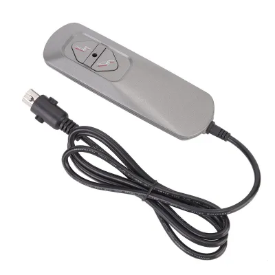 A gray electric recliner chair remote control with a black cord.