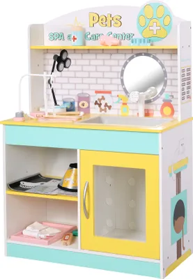 Produktbild von Teamson Kids Little Helper Holzhaustierspielständer Pretend Vet Clinic Spielzeugset für Katzen- und Hundespielzeug mit 19 Rollenspielzubehör Grün/Gelb TD-13636A