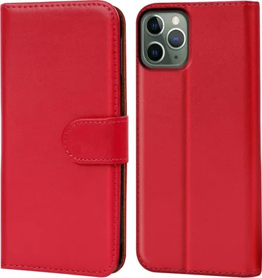 A red flip phone case for an iPhone 11 Pro is shown open, displaying the inside of the case and the phone's camera array.