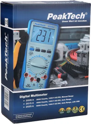 The image shows the packaging of a digital multimeter, with the product itself prominently displayed on the box.