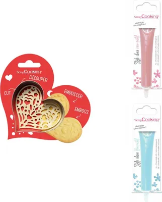 Produktbild von Herz-Relief-Plätzchen-Set + 2 Stifte mit pastellfarbener und blauer Schokolade
