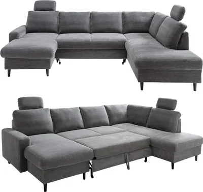 Produktbild von Wohnlandschaft U-Form Sofa Schlaffunktion Couch Bettkasten Cord Dunkelgrau / 17206