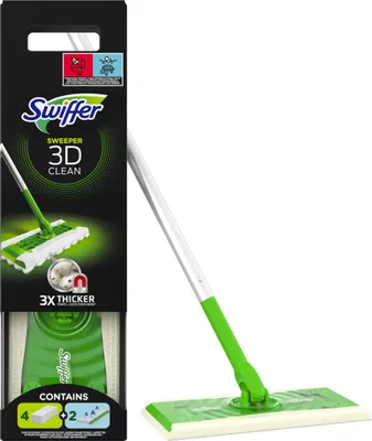 Image de Kit de démarrage Swiffer Nettoyeur de sols 3D Clean - 1 balai à franges + 4 lingettes sèches et 2 lingettes humides