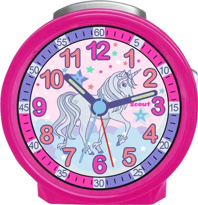 A pink analog alarm clock with a unicorn motif and a learning dial.