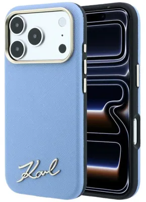 Zdjęcie produktu dla Etui na telefon iPhone 18 Pro / 17 Pro, Karl Lagerfeld, seria Saffiano, małe metalowe logo z napisem, kompatybilne z MagSafe, kolor niebieski