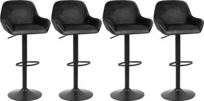 Four black velvet bar stools are arranged in a row against a white background.