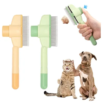 Produktbild von 2 Stück Tierpflege-Set mit selbst-reinigender Bürste und Flohkamm für Hunde und Katzen