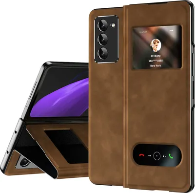 Immagine prodotto di Custodia sottile in pelle flip per Samsung Galaxy Z Fold 2 5G, con finestra di visualizzazione e funzione stand Marrone