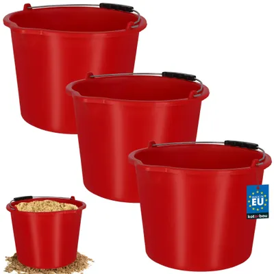Image de KOTARBAU® Lot de 3 seaux de chantier 12 L Seau à mortier Seau en plastique Seau à enduit avec bec verseur et poignée Rouge Seau à outils Seau de chantier rond