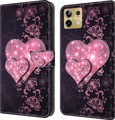 A product image showing a phone case with a floral pattern and pink hearts, presented in a folded and unfolded view.