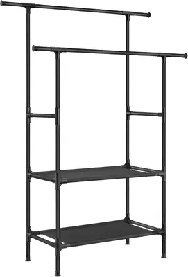 Zdjęcie produktu dla Wieszak na ubrania z 2 drążkami i 2 półkami - Metalowa garderoba - Nośność 70 kg - Montaż bez użycia narzędzi