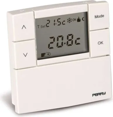 A digital thermostat on a white background.