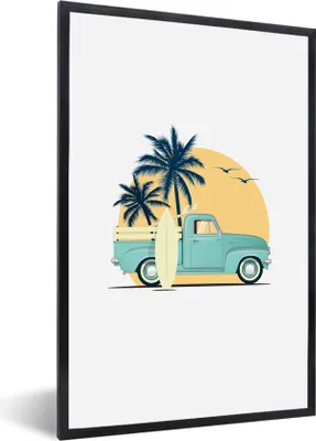 Produktbild von MuchoWow® MuchoWow® Gerahmtes Poster Auto - Strand - Surfbrett - Zeichnung 60x90 cm - Poster mit zchwarzem Bilderrahmen - Kunst