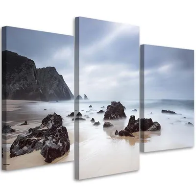 Produktbild von Triptychon auf leinwand felsige küste 150x100 cm Feeby blau wandbild bereit zum aufhängen