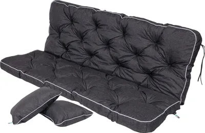 A dark gray tufted bench cushion with a backrest and two small throw pillows, shown on a white background.
