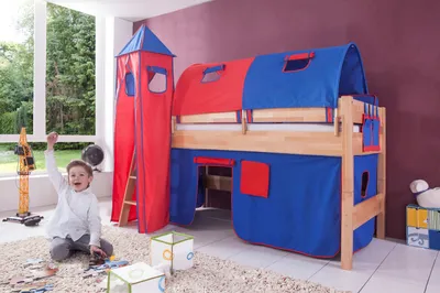 Produktbild von Relita Halbhohes Spielbett KIM Buche massiv natur lackiert mit Textilset blau/rot, BH1131114+TX5002010+TX5082010+TX5152010+TX5032010