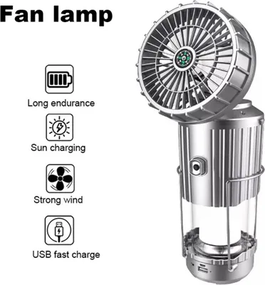 Zdjęcie produktu dla Wielofunkcyjna latarka LED zasilana energią słoneczną 5 w 1 z wentylatorem, głośnikiem Bluetooth, powerbankiem 30000 mAh i kompasem, lampa kempingowa USB – Fan