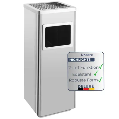 Produktbild von DELUKE® Standaschenbecher für Draußen 36L - Edelstahl 24x24x61cm | Mülleimer mit Aschenbecher Abfalleimer mit Inneneimer Standascher Outdoor, Silber