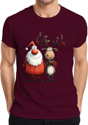 Produktbild von Lustiger Weihnachtsmann und Rentier Cartoon Weihnachten Geschenk Herren T-Shirt, Burgundy, 3XL