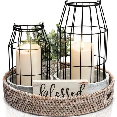Productafbeelding van Boerderij Lantaarn Set, set van 2, metaaldraad en hout, wit, voor woonkamer