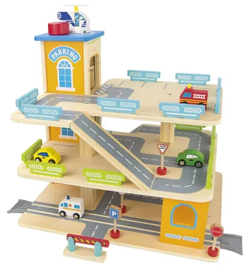 Produktbild von Bayagu Holzparkhaus mit Aufzug Autorampe Schranke und Autos 44x36x40cm