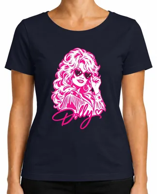 Imagen del producto de Camiseta para mujer, estilo retro, con motivos de música country, vaquera, con la imagen de Dolly Parton, en color rosa, azul marino, talla S
