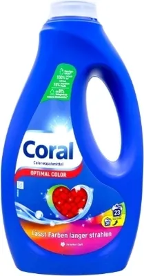 A blue bottle of Coral Optimal Colour liquid laundry detergent.