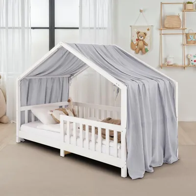 Produktbild von Hausbett Himmel LIAN in hellgrau - Betthimmel aus 100% Baumwolle, Baldachin Musselin zweilagig, Bettvorhang für Kinder, Hausbett Deko