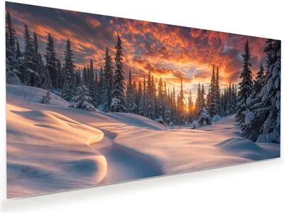 Produktbild von Glasbild 110x55cm in XXL für Wohnzimmer, Schlafzimmer Motiv Winterlandschaft Sonne