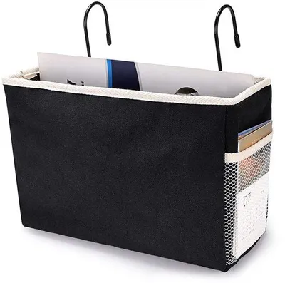 Productafbeelding van Ibenzoa® Ophangmand van zwart polyester – Opbergruimte 28x10x19 cm, 1 hoofdvak + 2 zijvakken van netstof, organizer voor bed, kantoor & school