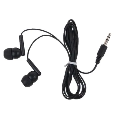 A pair of black in-ear headphones with a 3.5mm jack is shown against a white background.