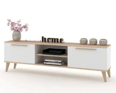 Produktbild von TV-Lowboard Fernsehschrank KING STEHEND MIT GRIFFEN Sonoma Eiche/Weiß Matt 120cm