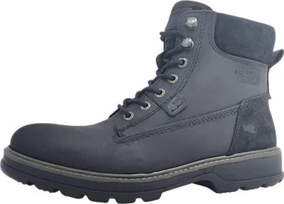 A side view of a black leather boot.