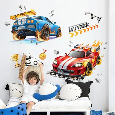Produktbild von 3D Wandsticker Auto Racing, Kinderzimmer Wanddekoration, Wandtattoo Sports Car, Vinyl, für Kinderzimmer