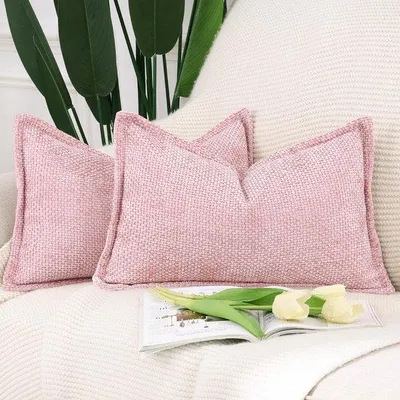 Obrázok produktu pre Sada Unyqoos ® pozostávajúca z 2 luxusných obliečok na vankúše zo ženilky a zamatu so štýlovým lemovaním v ružovej farbe, 30 x 50 cm