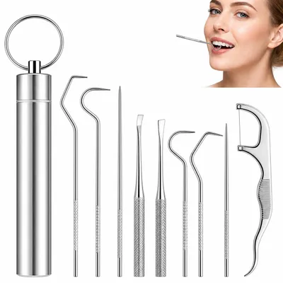 Produktbild von COOL-I® Edelstahl-Zahnstocher Set – 9-teilig, wiederverwendbar & tragbar – mit Schlüsselring & Etui – ideal für Zahnreinigung, Reisen & Outdoor