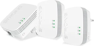 Three white Strong Powerline adapters are arranged diagonally on a white background.