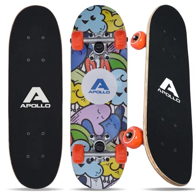 Produktbild von Apollo Kinder Skateboard, | kleines Komplett Board mit ABEC 3 Kugellagern und Aluminium Achsen | Coole Designs für Kinder | Cruiser Boards für Mädchen und Jungs | Kinder Skateboard ab 3 Jahre "Fluffy" 51 cm
