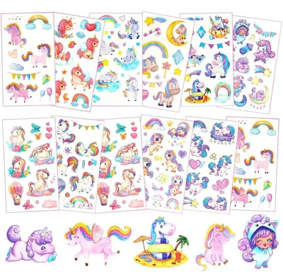 Image de Tatouages licornes pour enfants, 12 feuilles, imperméables, doux pour la peau, autocollants arc-en-ciel pour filles