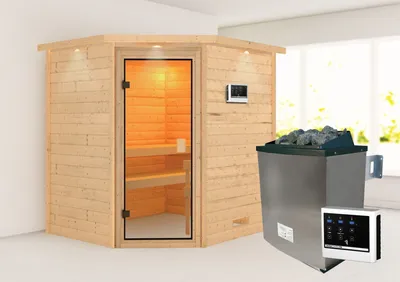 Produktbild von Karibu Sauna Innensauna Elea Eckeinstieg  Ofen 9 KW externe Strg easy 224x184x191 cm mit Dachkranz